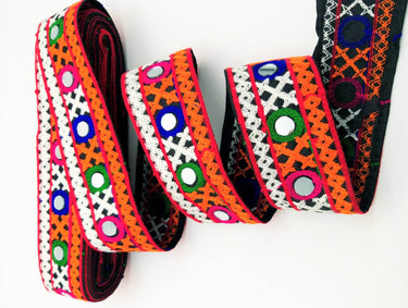 Black Cotton Fabric Trim with Multicolor Embroidery and Real Mirror, Kutch Embroidery Trim, Mirror Lace